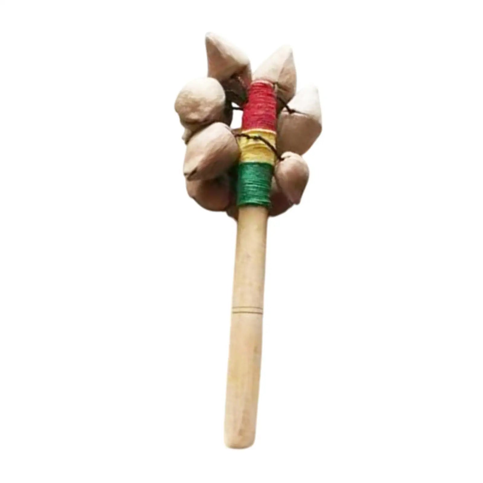 Handheld nut shell shaker with natural beige wooden handle and colorful yarn band handmade handheld bell for concerts