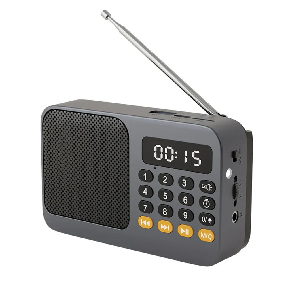 Gray handheld rechargeable digital fm usb music player speaker with telescopic antenna and led display showing 00:15