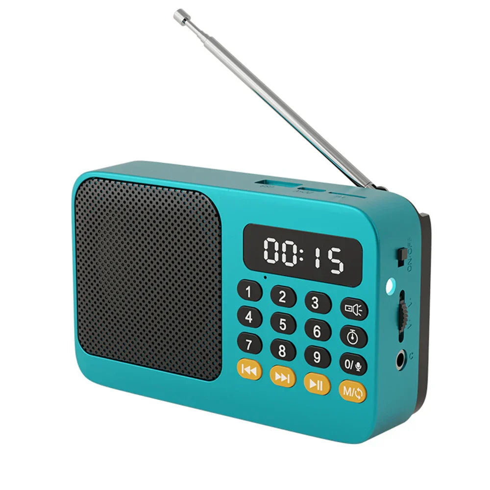 Teal handheld rechargeable digital fm usb player speaker device with silver antenna, black grille, and yellow buttons
