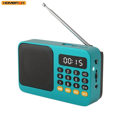 Teal handheld rechargeable digital fm usb mp3 player portable radio with silver antenna black speaker grille and yellow buttons