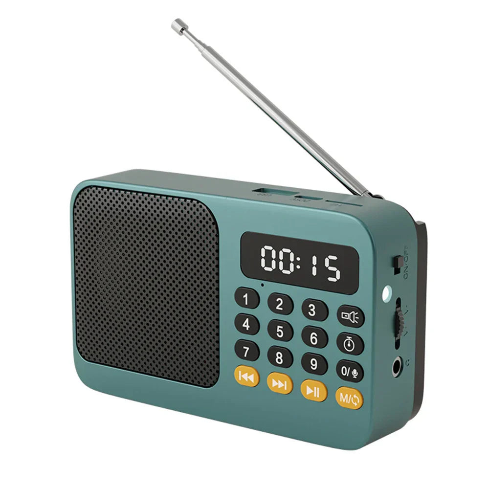 Teal handheld rechargeable digital fm usb music player speaker with silver antenna yellow buttons and black speaker grille