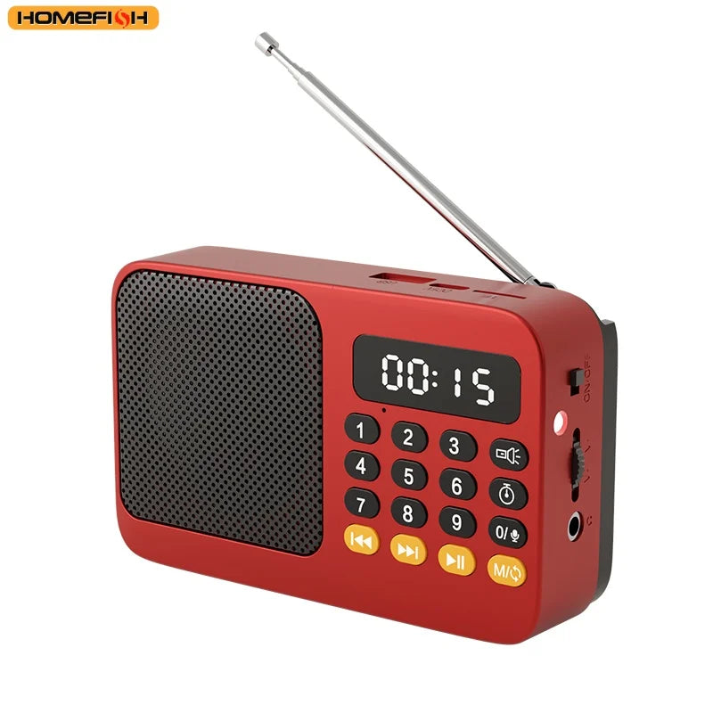 Red plastic handheld rechargeable digital fm usb mp3 player portable radio with silver antenna and orange buttons
