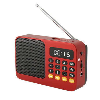 Red handheld rechargeable digital fm usb music player speaker with silver antenna and orange function buttons