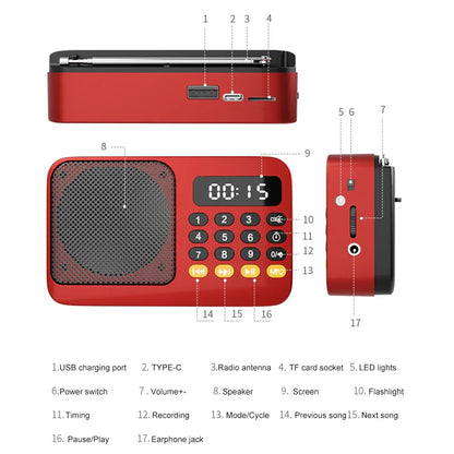 Red handheld rechargeable digital fm usb music player speaker with led display usb and type-c ports and control buttons