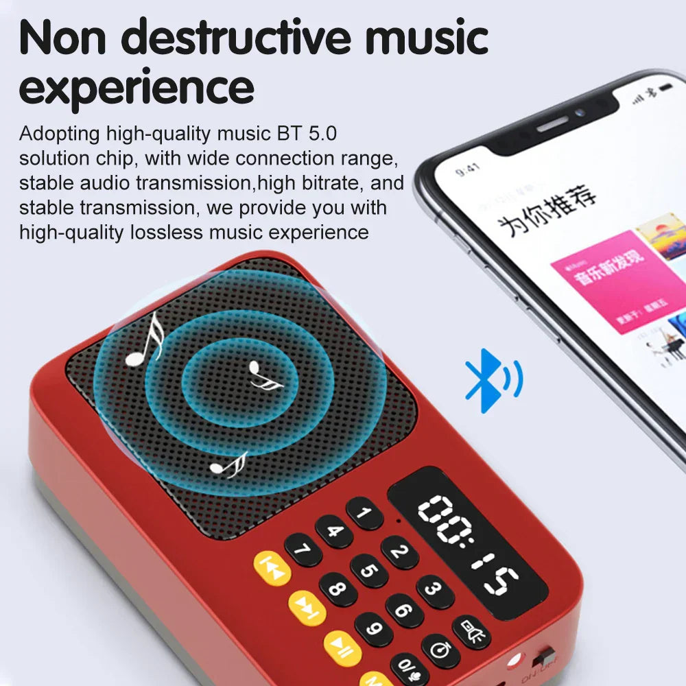 Red handheld rechargeable digital fm usb player speaker device with black grille yellow buttons and led display