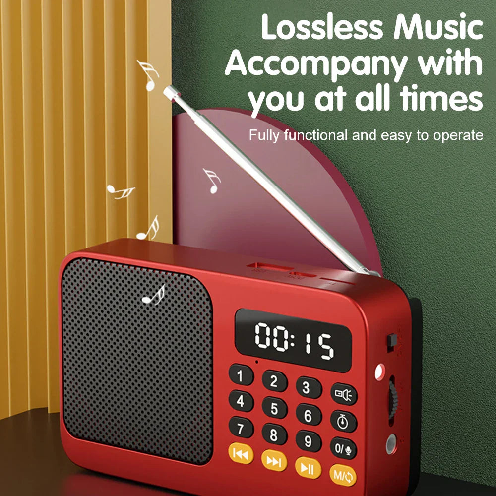 Red handheld rechargeable digital fm usb music player speaker with silver antenna and led display showing 00 15