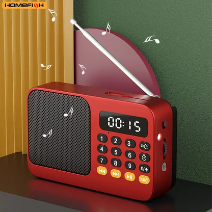 Red handheld rechargeable digital fm usb mp3 player portable radio with silver antenna black speaker grille and numeric keypad