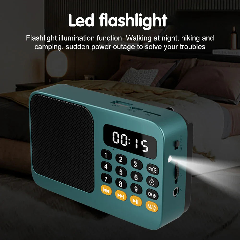 Teal handheld rechargeable digital fm usb radio with led flashlight and digital display music player speaker device
