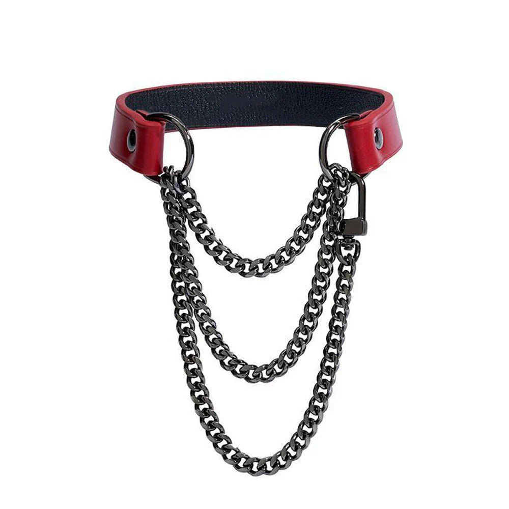 Red leather choker collar with black handmade slip chain necklace and padlock detail adjustable fashion jewelry