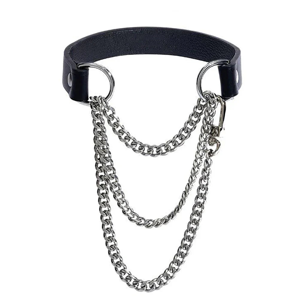 Handmade black leather choker collar with adjustable triple-layer silver slip chain necklace for women fashion jewelry