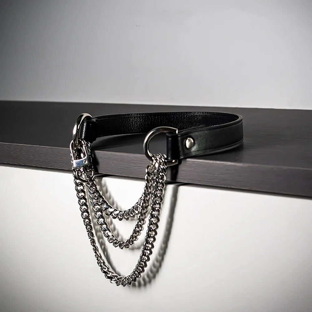 Handmade black leather choker collar with layered silver slip chain necklace for adjustable hiphop fashion jewelry