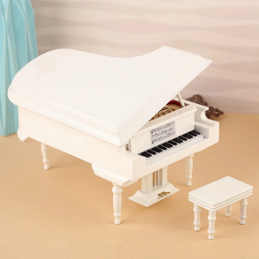 Handmade wooden musical white miniature grand piano model with black and white keys and detailed music sheet decoration