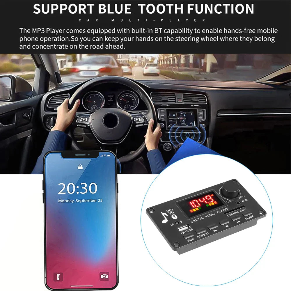 Black handsfree 80w amplifier diy module with red led display silver buttons and 3.5mm tf radio for car music speaker