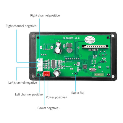 Green circuit board of handsfree 80w amplifier diy with black plastic casing and labeled audio input output terminals backside
