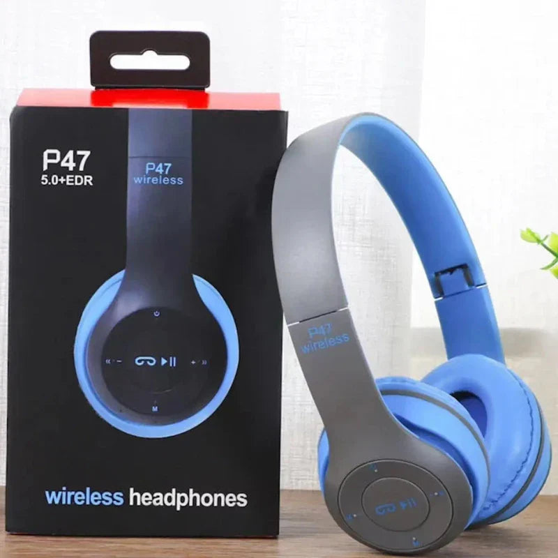 Blue and gray handsfree wireless headphones with noise canceling p47 headset Bluetooth for iPhone Huawei Samsung S22