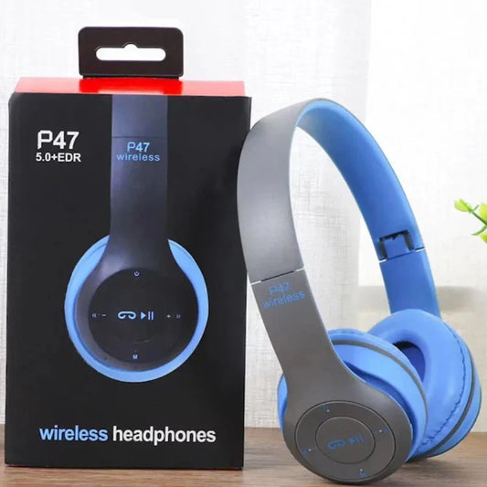 Blue and gray handsfree wireless headphones with noise canceling p47 headset Bluetooth for iPhone Huawei Samsung S22