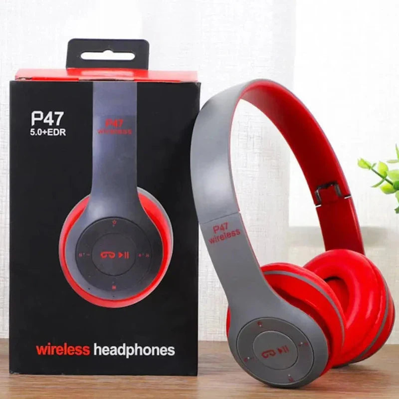 Red and gray handsfree wireless headphones p47 headset bluetooth with noise canceling for iphone huawei samsung s22