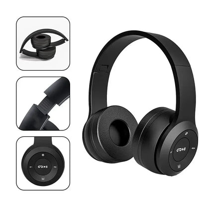 Black handsfree wireless headphones p47 headset bluetooth with noise canceling and circular control buttons on earcups