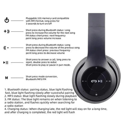 Black handsfree wireless headphones noise canceling p47 headset bluetooth with circular control panel and status indicator lights
