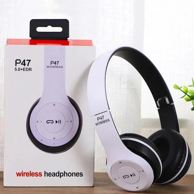 White and black handsfree wireless headphones noise canceling p47 headset bluetooth with control buttons on earcups