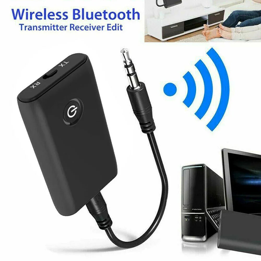 Black wireless bluetooth transmitter receiver with a 3.5mm audio jack and power button, designed for connecting devices to enable wireless audio streaming.