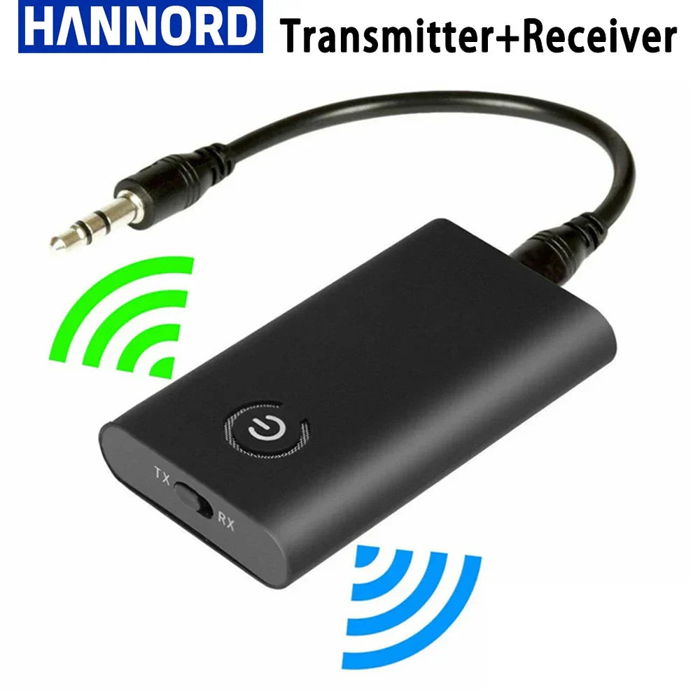Black Hannord 2 in 1 wireless Bluetooth 5.0 transmitter receiver chargable audio adapter with 3.5mm AUX jack and wireless audio icons
