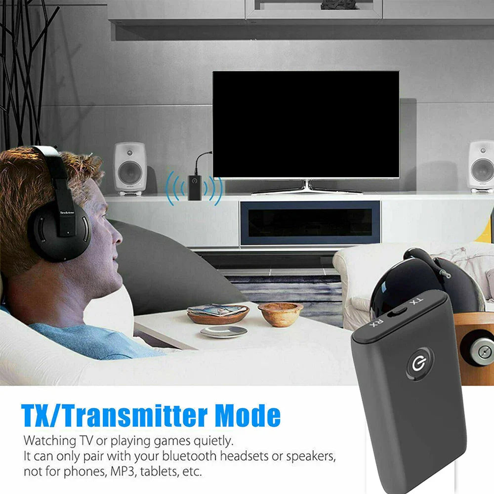 Black Hannord 2 in 1 wireless audio transmitter receiver chargable audio adapter with circular logo and tx markings