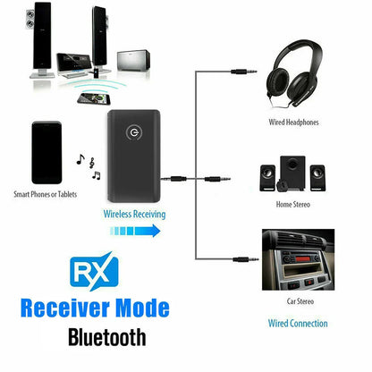 Black rectangular hannord 2 in 1 wireless bluetooth 5.0 transmitter receiver chargable audio adapter with 3.5mm aux hifi