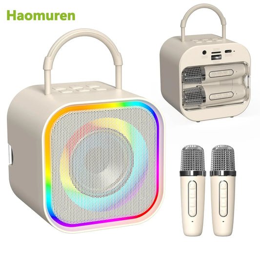 Cream-colored haomuren mini karaoke bluetooth speaker with rainbow led and two wireless mics for home party toys gifts