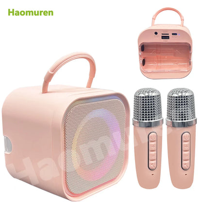 Pink haomuren mini karaoke machine with handle and two pink microphones silver mesh grille bluetooth karaoke speaker for home party toys