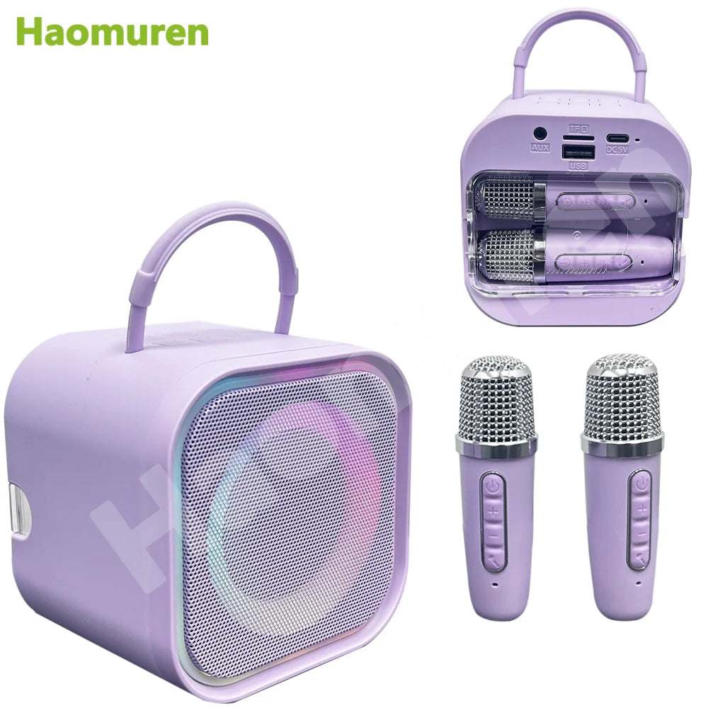 Lavender haomuren mini bluetooth karaoke speaker with handle and two microphones ideal for party toys gifts