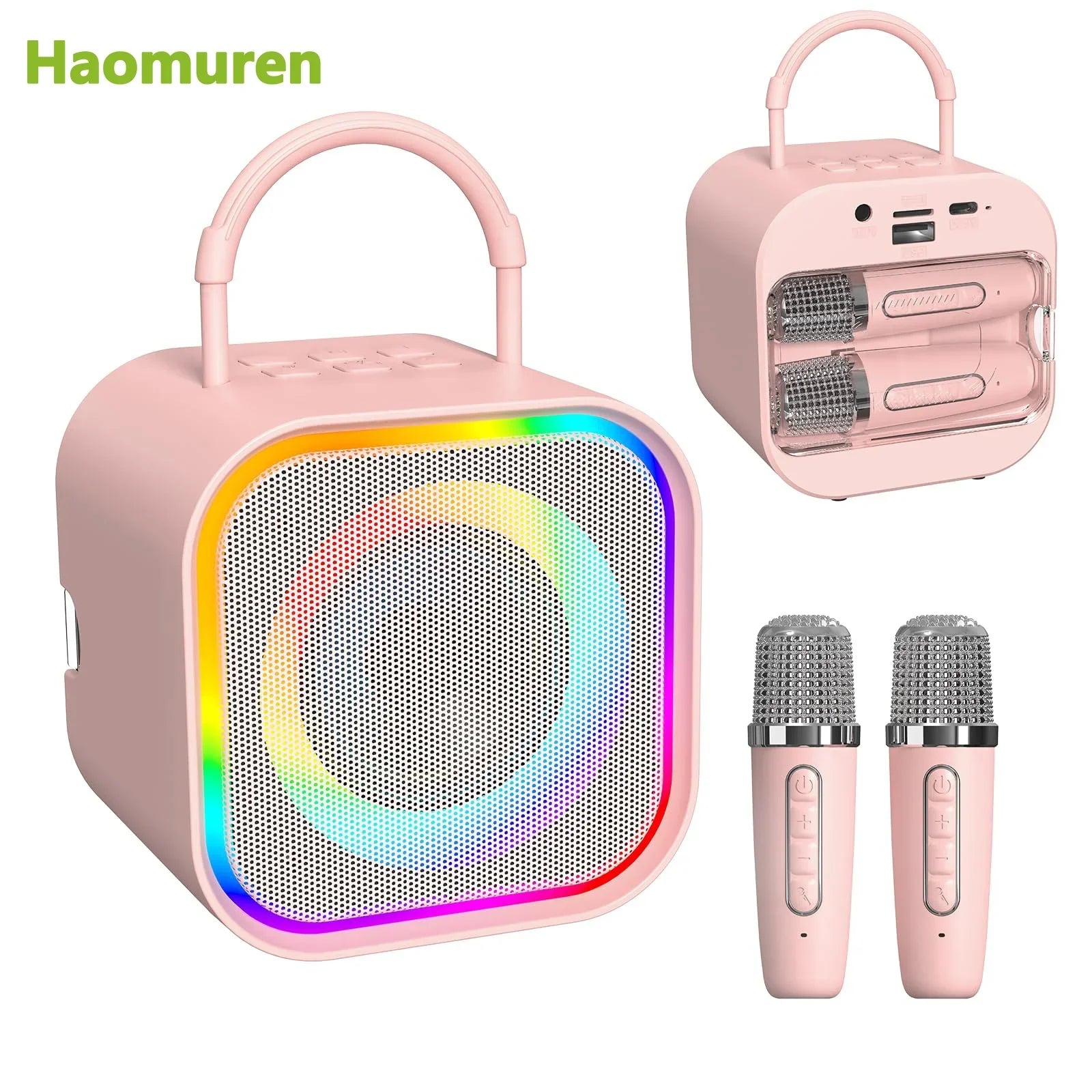 Pink haomuren portable bluetooth karaoke speaker with rainbow led lights and 2 matching microphones for party toys gifts