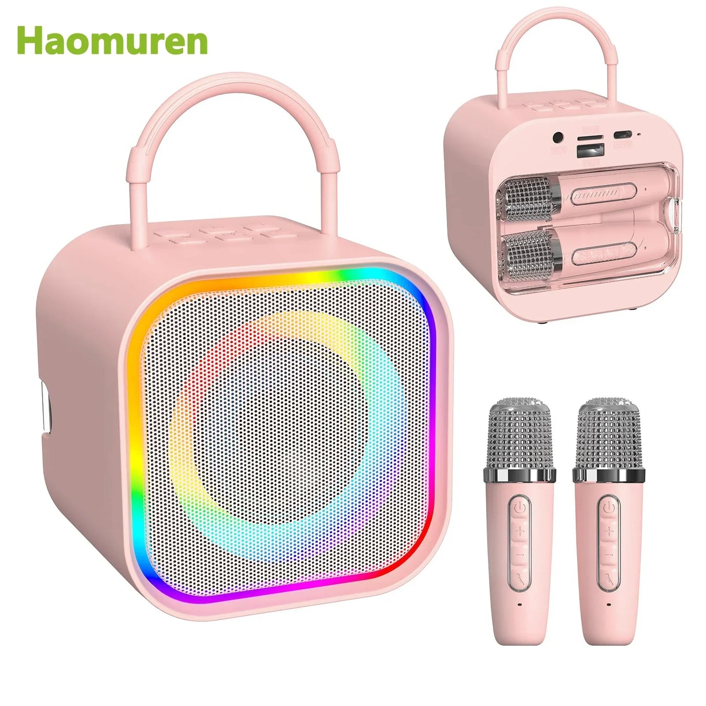 Pink haomuren mini karaoke portable bluetooth karaoke speaker with rainbow led lights and two pink microphones for home party toys