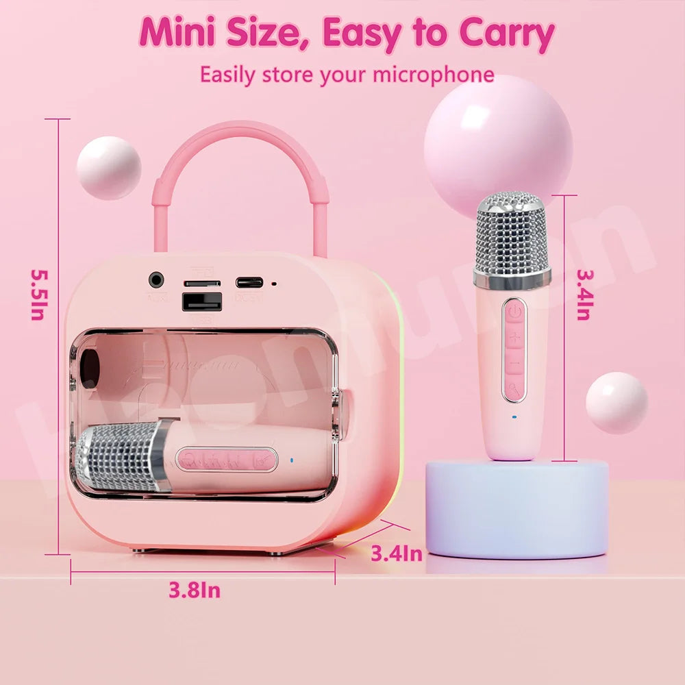 Haomuren pink mini portable karaoke machine with built-in microphone storage and matching bluetooth karaoke speaker for party toys gifts