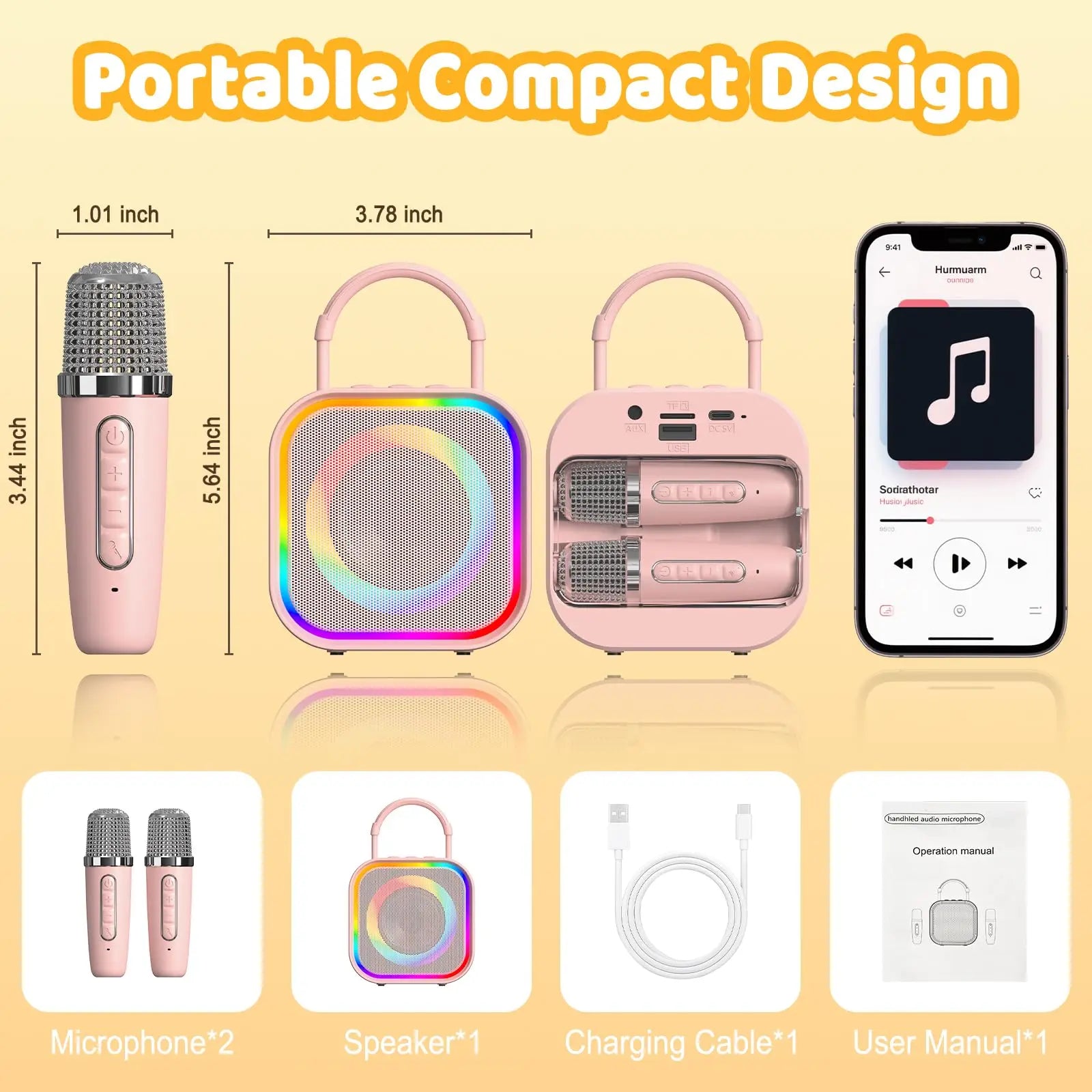Pink haomuren mini karaoke bluetooth karaoke speaker with rainbow led lighting and handle for home party toys use