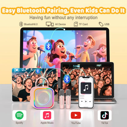 Pink haomuren mini karaoke bluetooth speaker with rainbow mesh grille and two pink wireless mics for home party toys