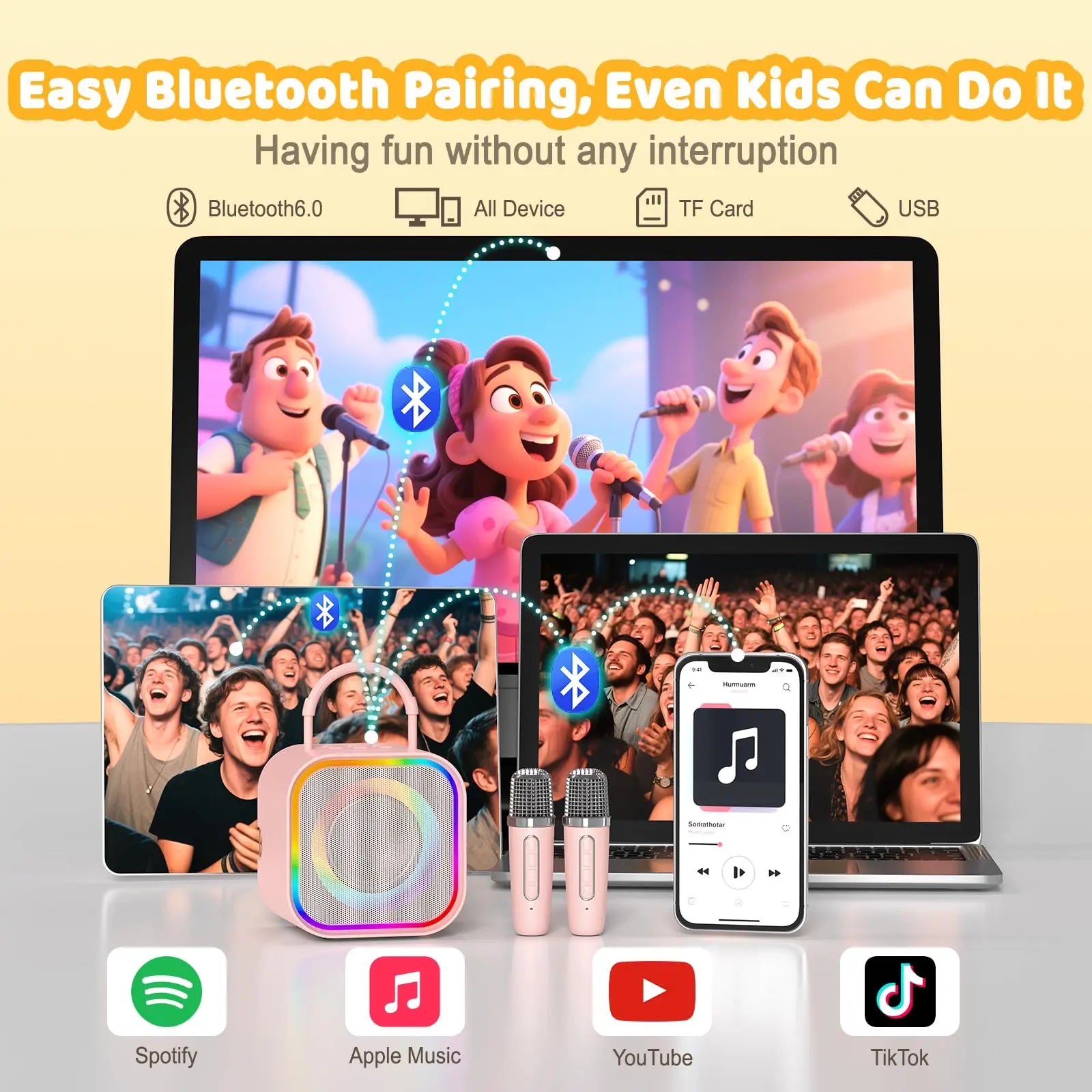 Pink haomuren mini karaoke machine with rainbow mesh bluetooth karaoke speaker and two pink wireless microphones for party toys gifts