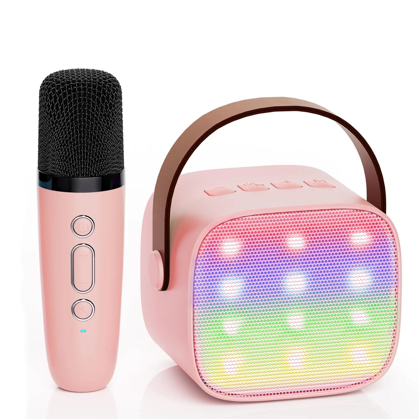 Pink haomuren mini karaoke machine with wireless microphones, rainbow led lights, brown handle, family singing gift