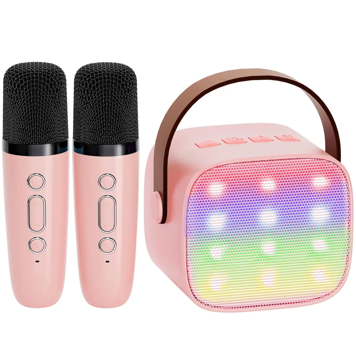 Haomuren mini karaoke system in pink with wireless microphones and rainbow led lights for family singing gift