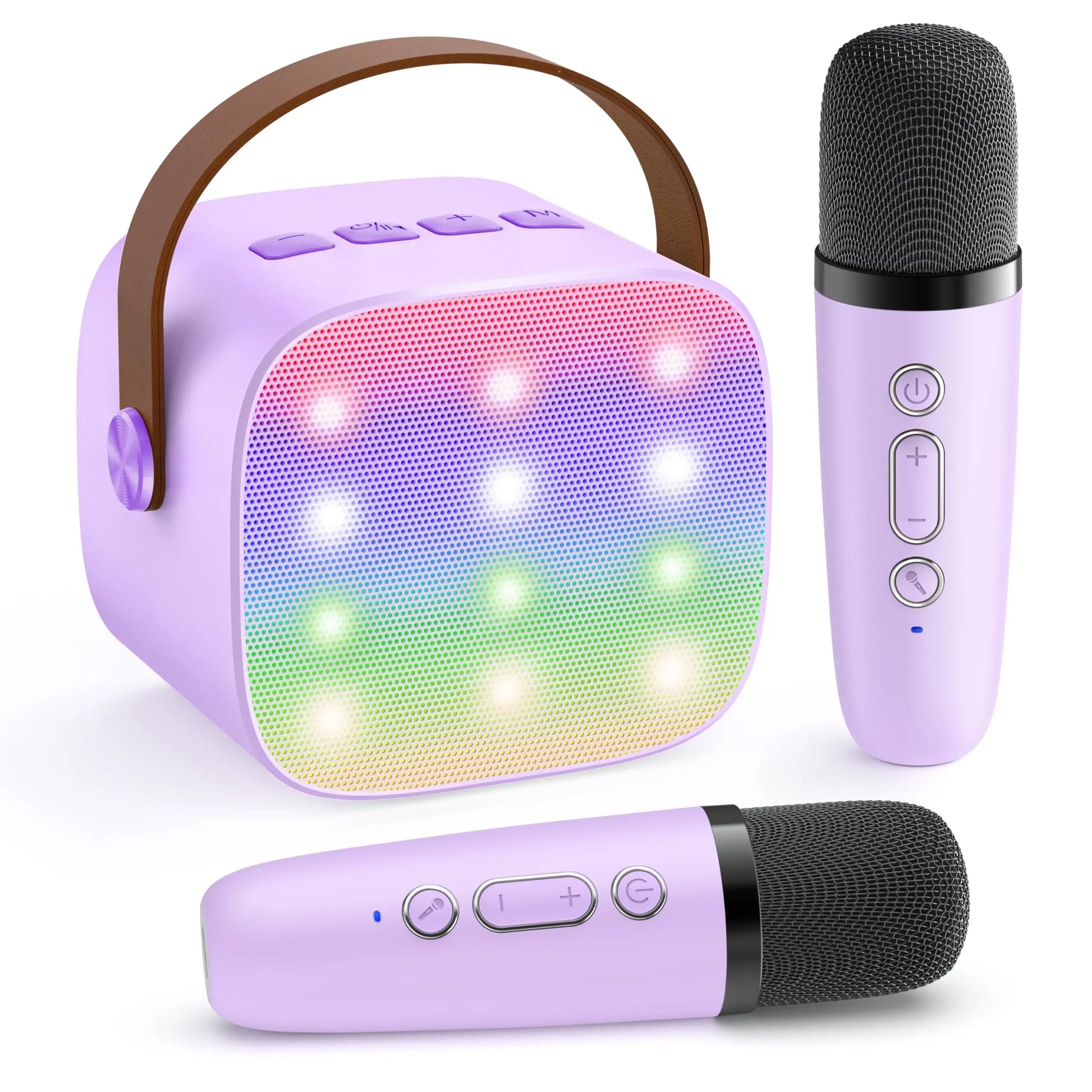 Lavender haomuren mini karaoke portable bluetooth speaker with rainbow led lights and wireless microphones family singing gift