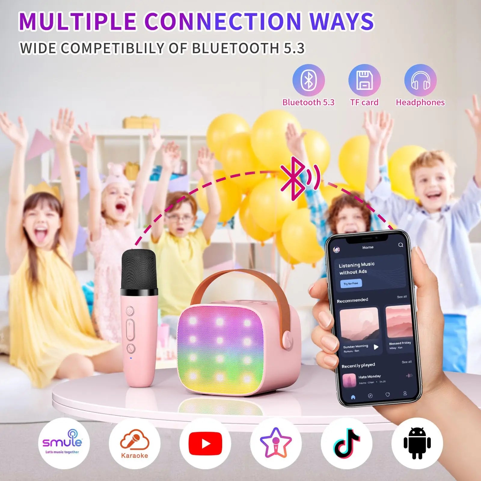 Pink wireless microphone with black grille and silver buttons for haomuren mini karaoke family singing gift wireless microphones