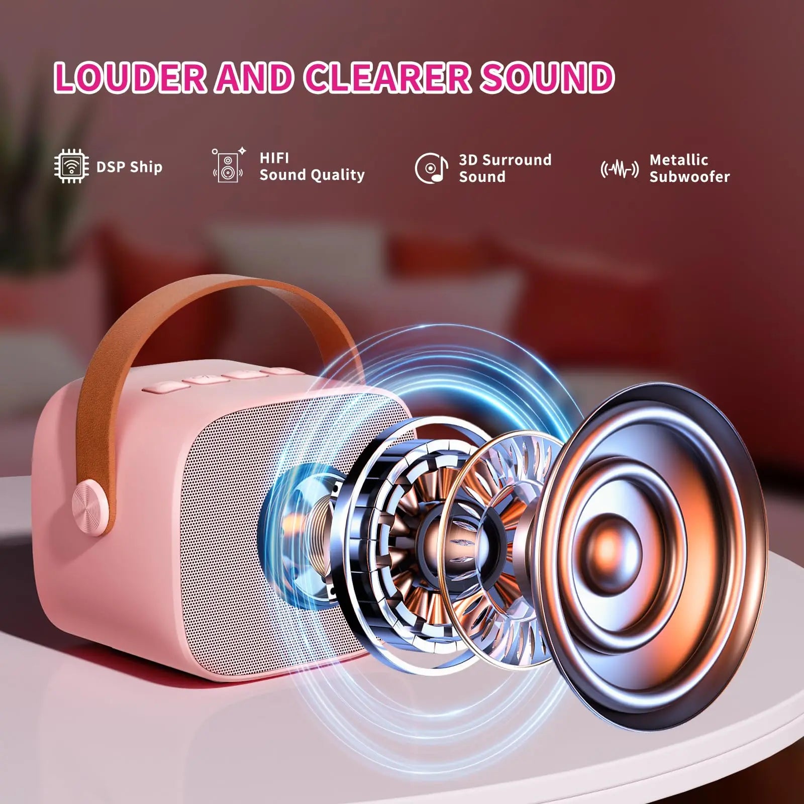 Pink haomuren mini karaoke portable bluetooth 5.3 speaker with brown leather strap and wireless microphones for family singing gift