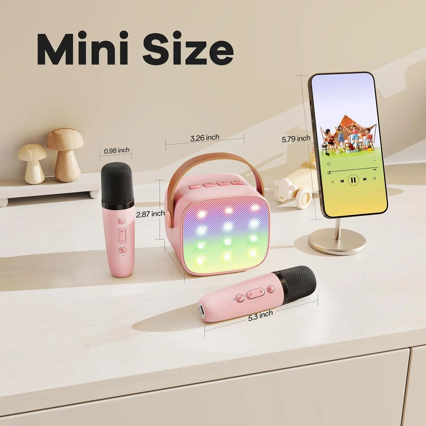 Pink haomuren mini karaoke speaker with handle and rainbow led lights featuring wireless microphones for family singing gift