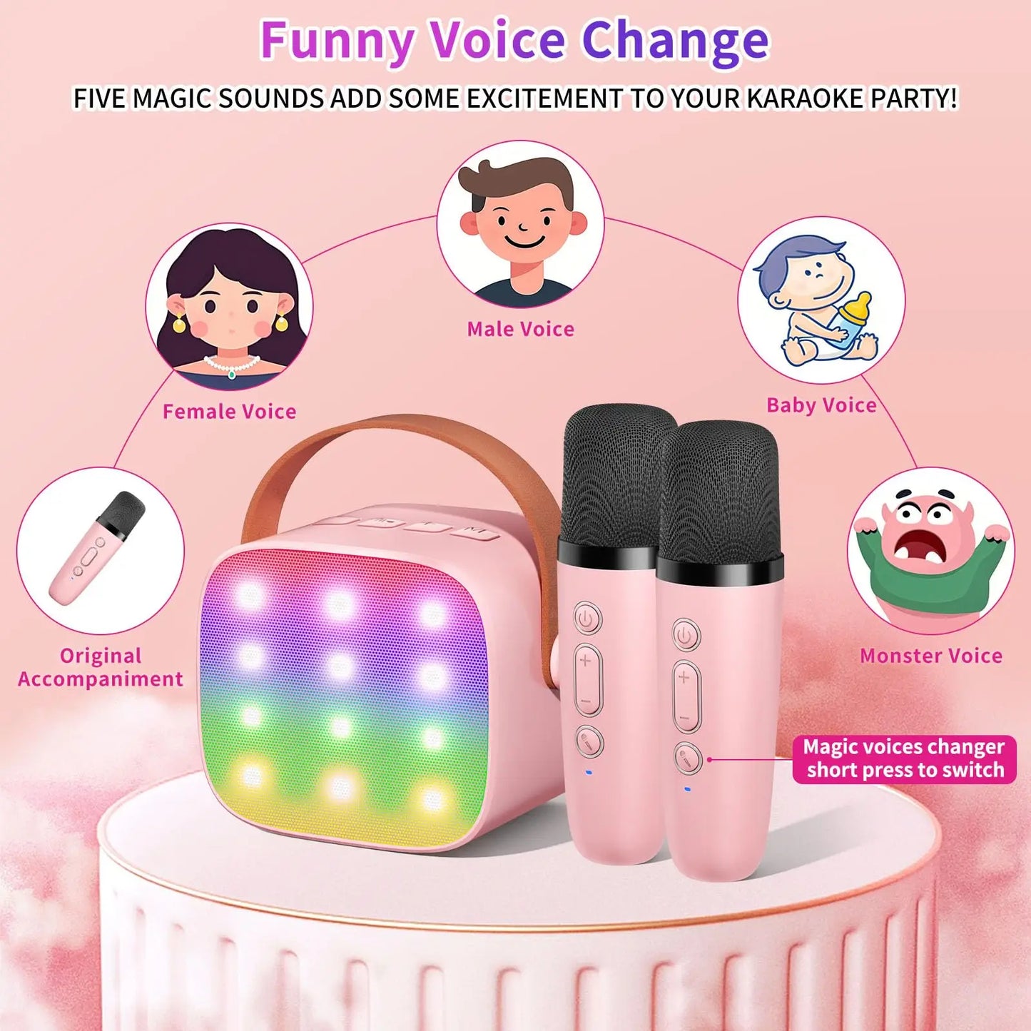 Haomuren mini karaoke machine in pink with rainbow led lights and two wireless microphones family singing gift