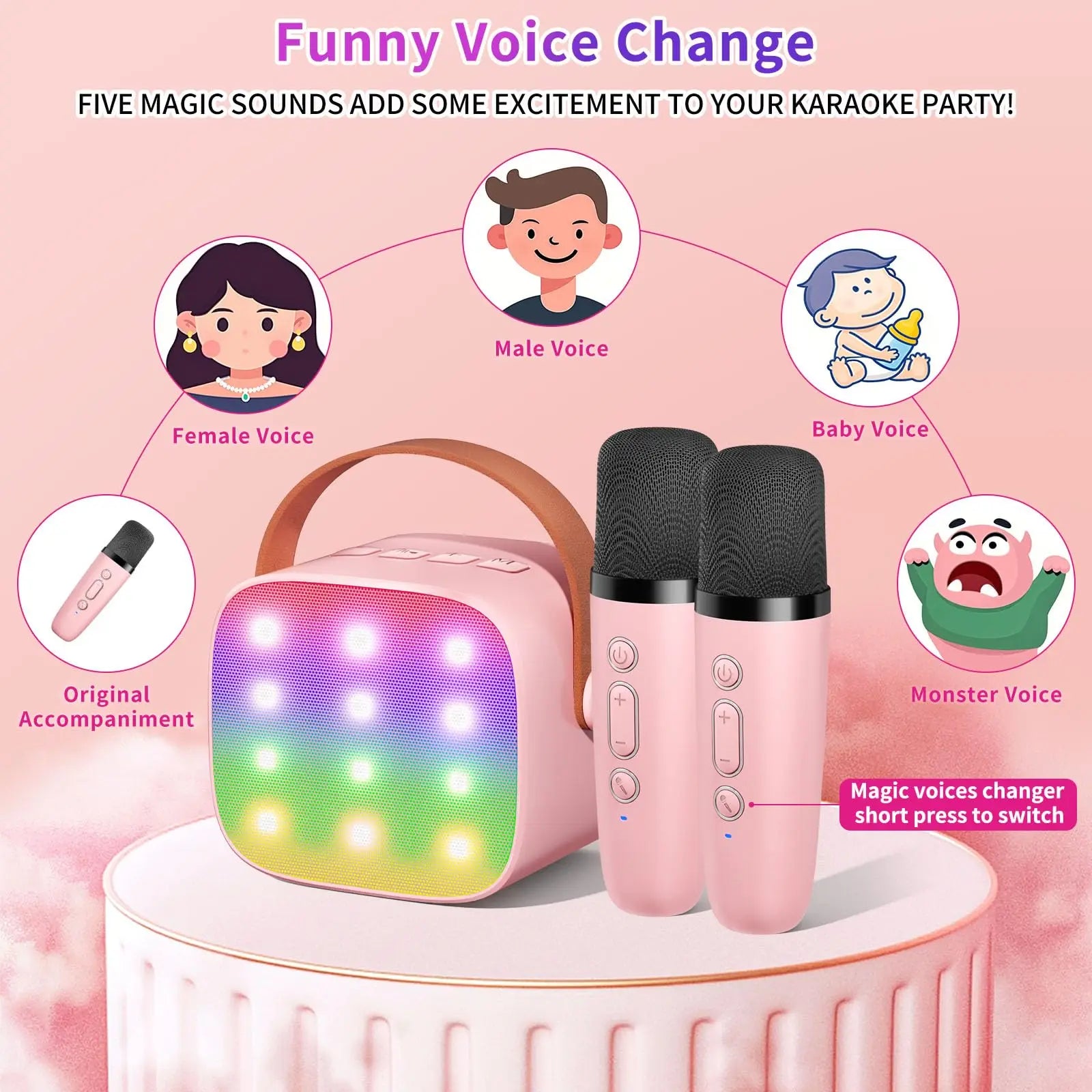Haomuren mini karaoke machine in pink with rainbow led lights and two wireless microphones family singing gift