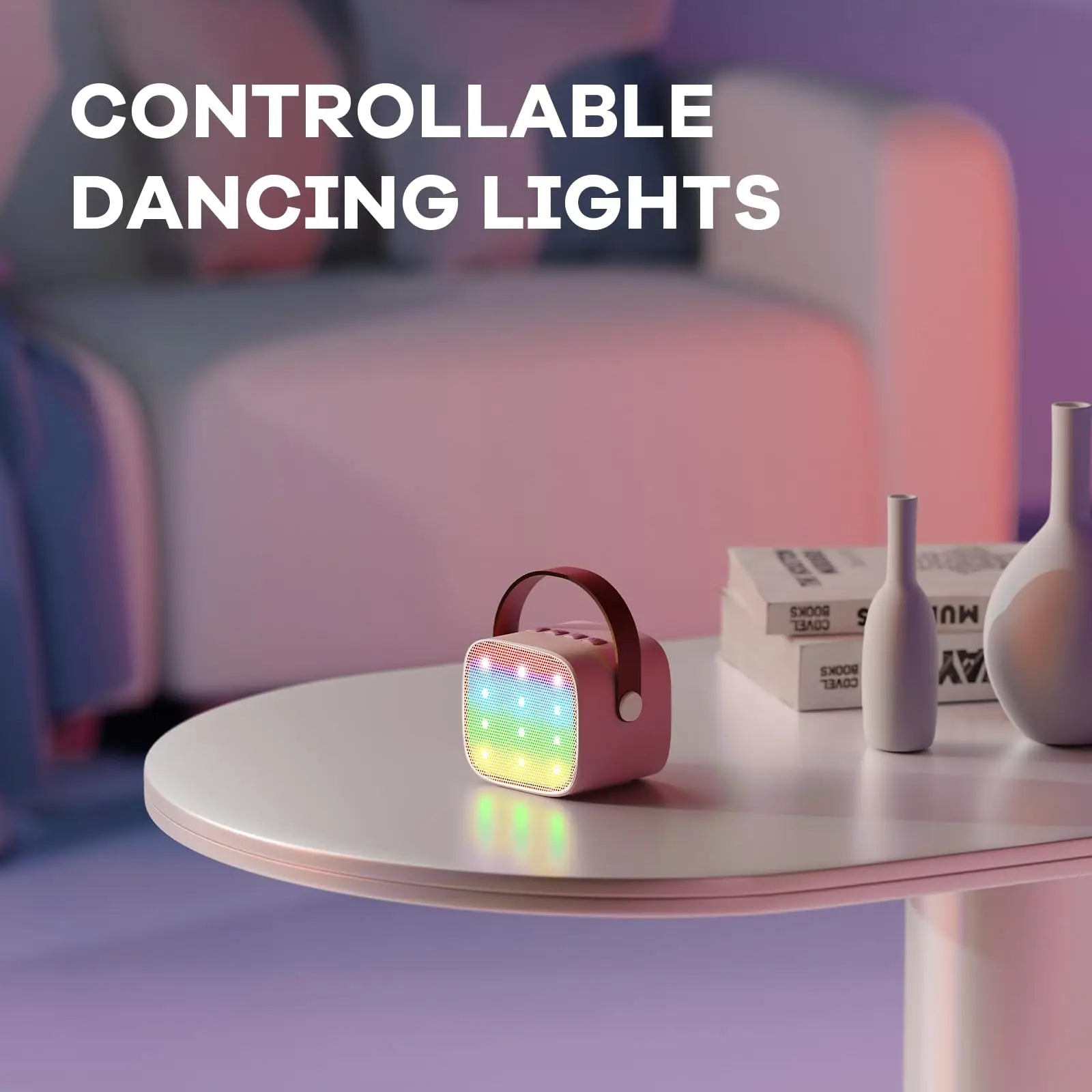 Haomuren mini karaoke pink portable bluetooth speaker with brown leather handle and colorful led lights for family singing gift with wireless microphones