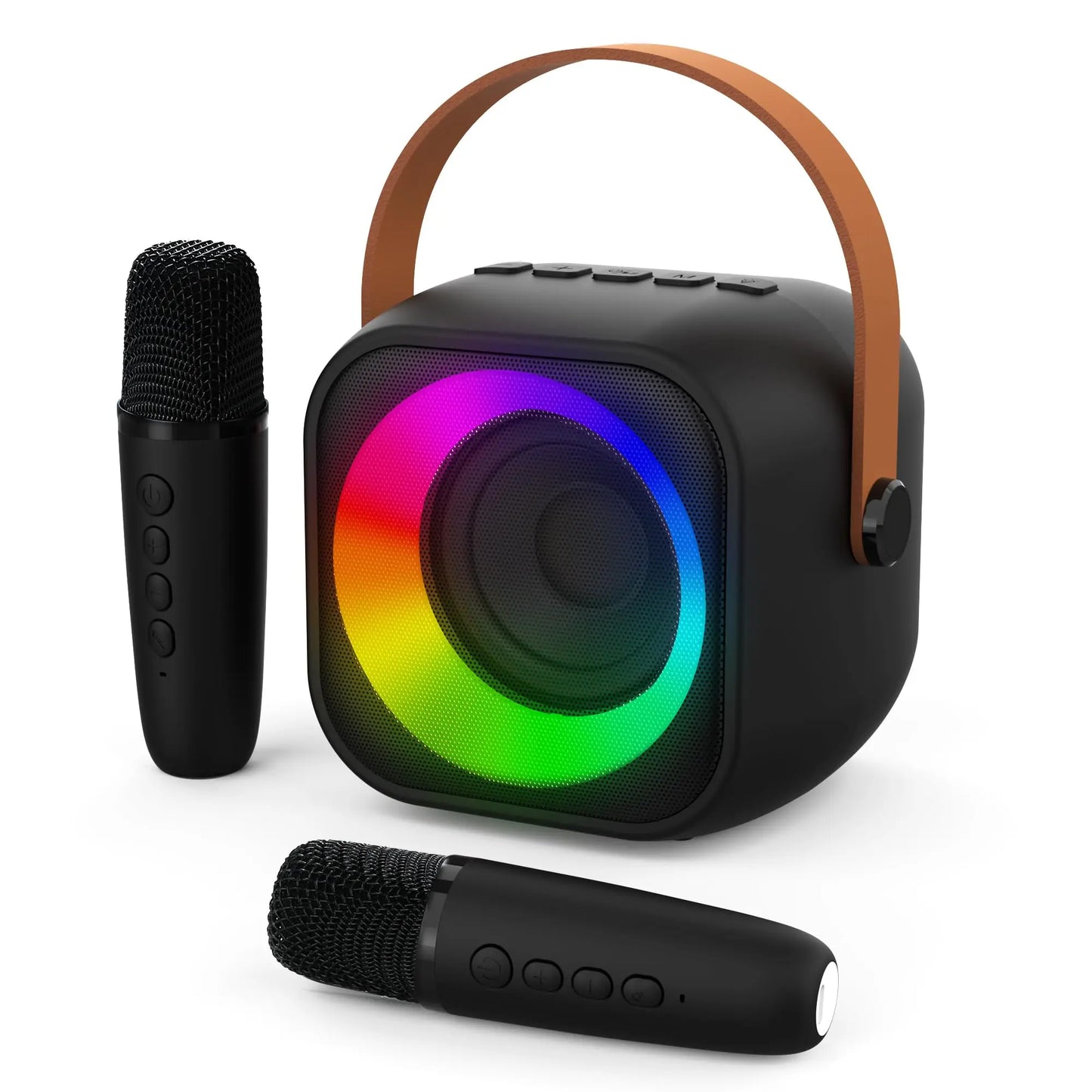 Black haomuren portable karaoke machine with brown leather handle and rainbow led for children singing family party