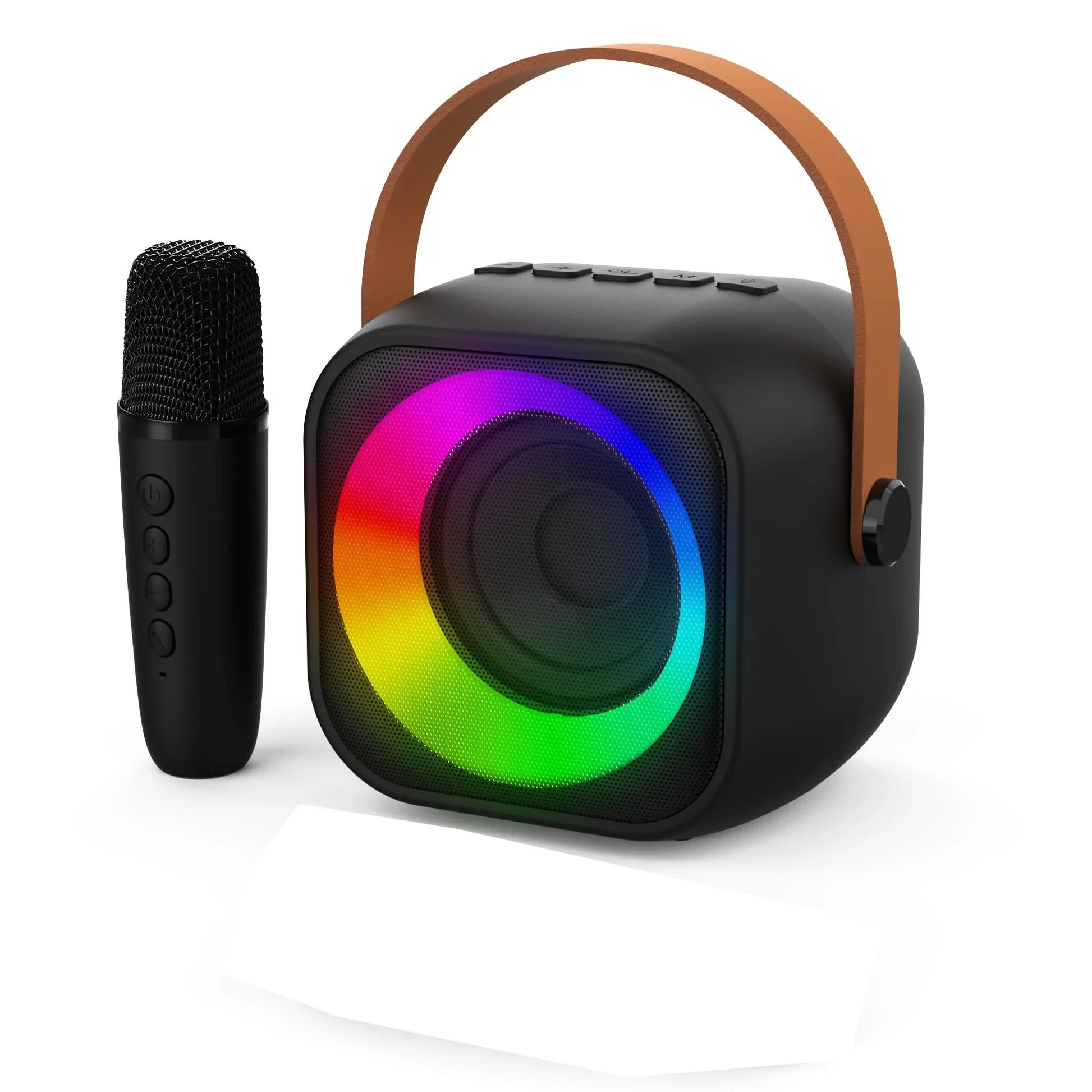 Haomuren portable karaoke black speaker with brown leather handle and rainbow led lighting for children singing family party