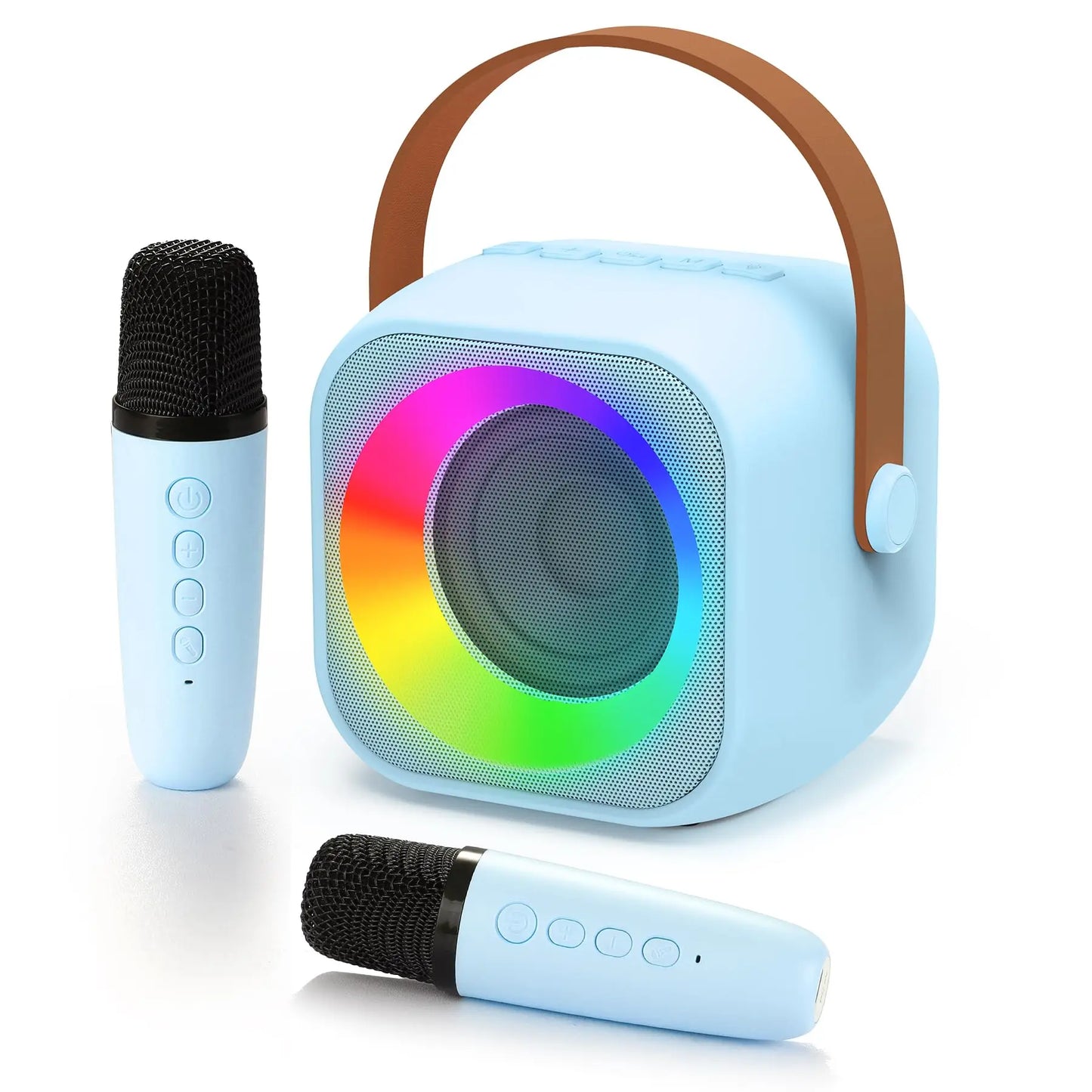 Haomuren portable karaoke light blue bluetooth speaker with rainbow led and brown handle for children’s karaoke machine and singing family party