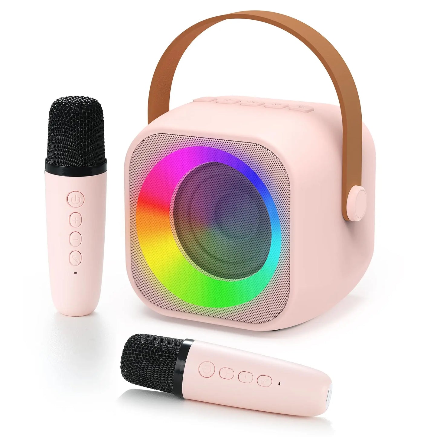 Pink haomuren portable karaoke machine with rainbow led light ring and two pink wireless microphones for children’s karaoke party